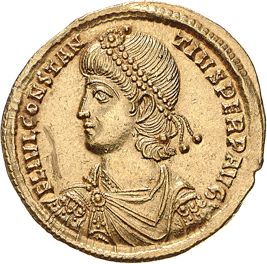 RIC VIII Thessalonica 143 Constantius II obverse, Bust of Constantius II, pearl-diademed, draped, cuirassed, left