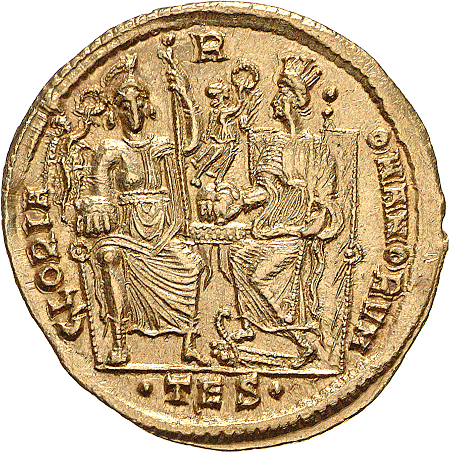 RIC VIII Thessalonica 143 Constantius II reverse, Roma, helmeted, draped, enthroned front, and Constantinopolis, turreted,...