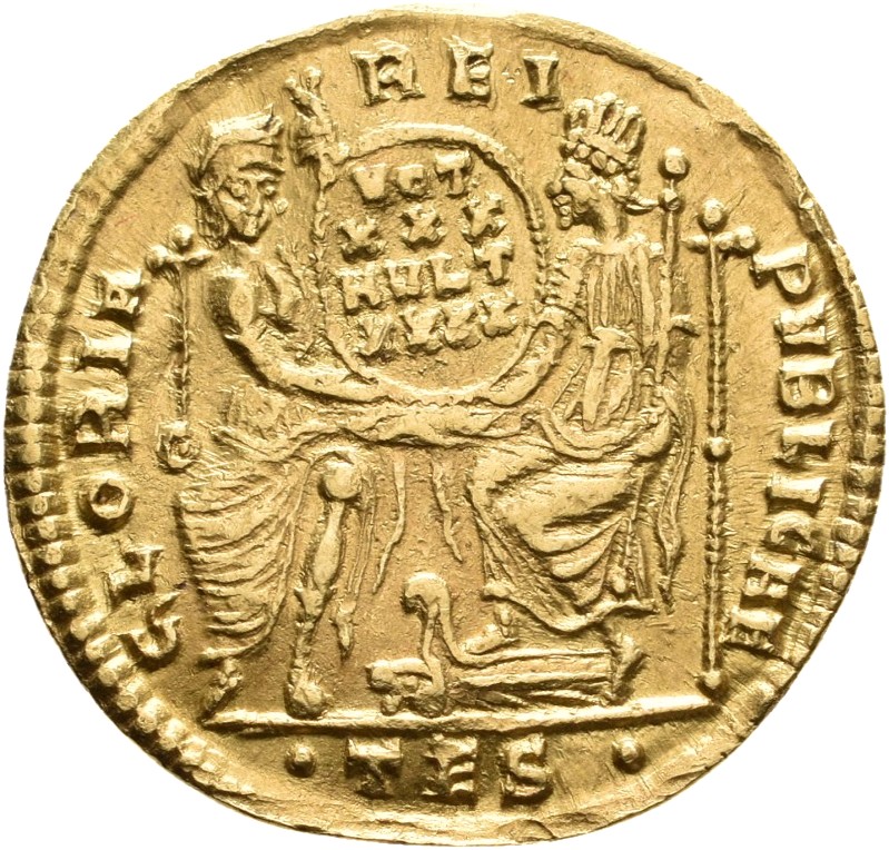 RIC VIII Thessalonica 150 Constantius II reverse, Roma, helmeted, draped, enthroned front, and Constantinopolis, draped, e...