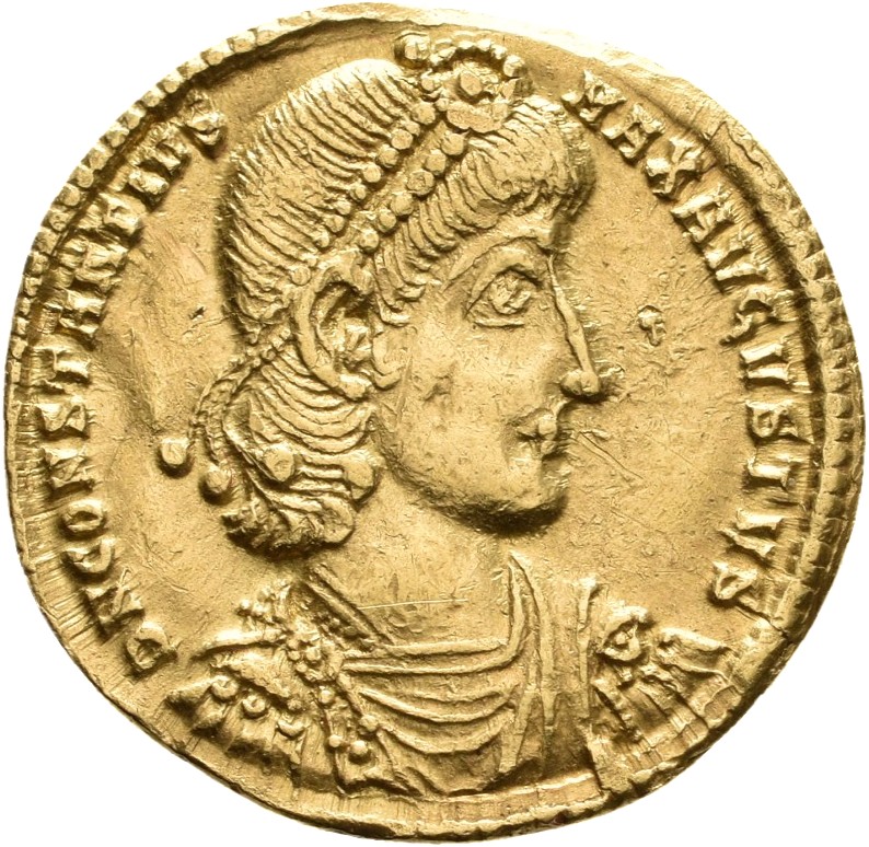 RIC VIII Thessalonica 150 Constantius II obverse, Bust of Constantius II, pearl-diademed, draped, cuirassed, right