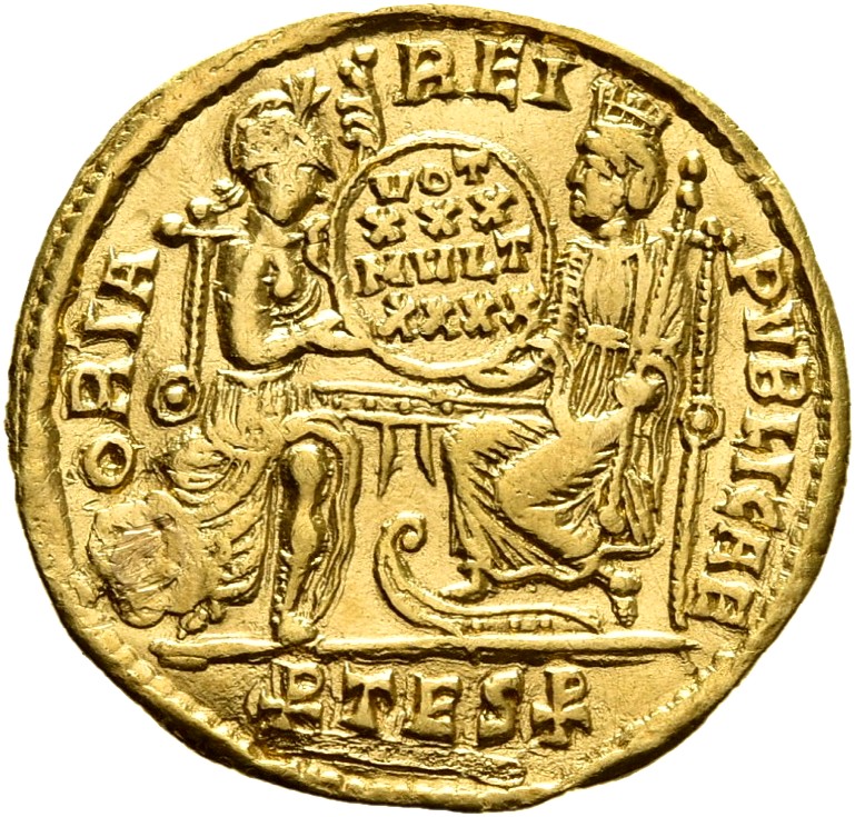 RIC VIII Thessalonica 152 Constantius II reverse, Roma, helmeted, draped, enthroned front, and Constantinopolis, draped, e...