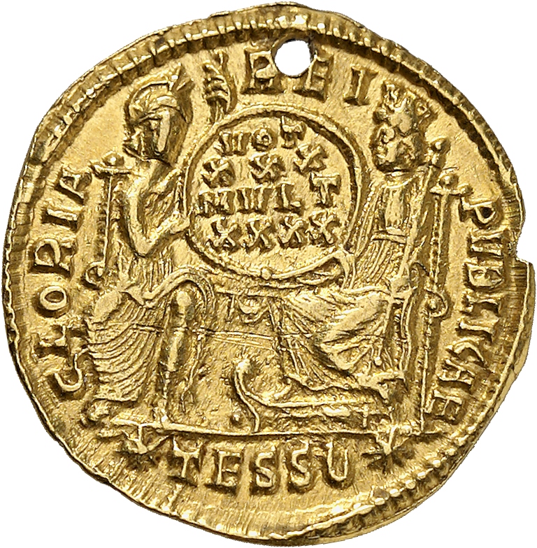 RIC VIII Thessalonica 153 Constantius II reverse, Roma, helmeted, draped, enthroned front, and Constantinopolis, draped, e...