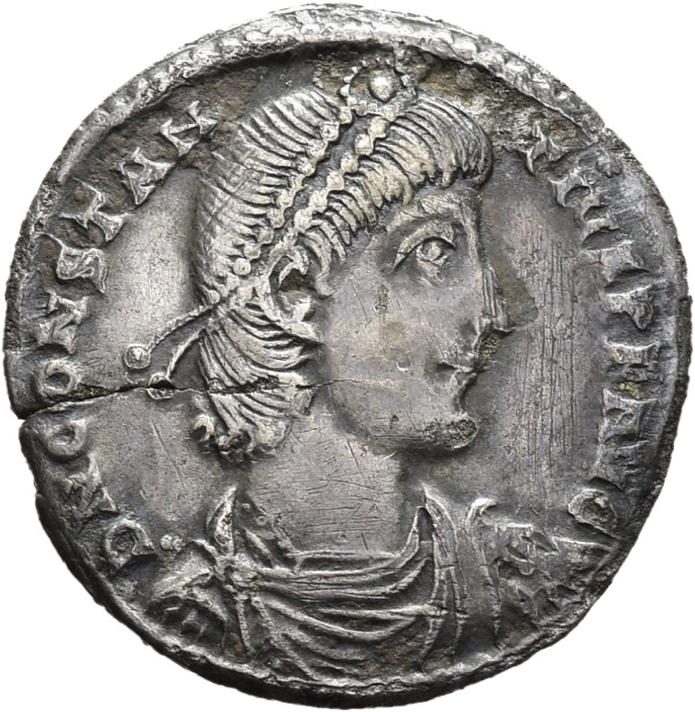 RIC VIII Thessalonica 160 Constantius II obverse, Bust of Constantius II, pearl-diademed, draped, cuirassed, right