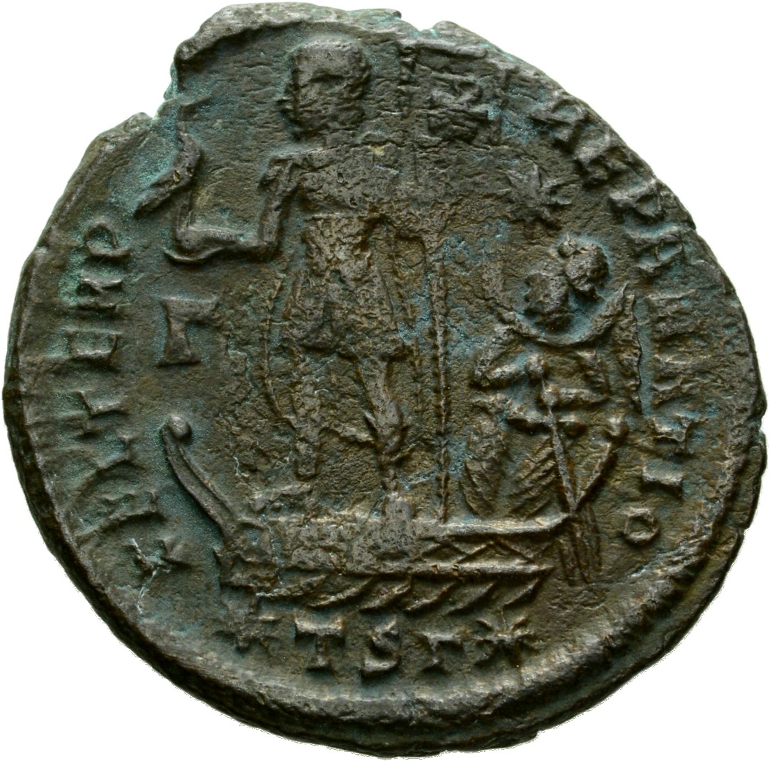 RIC VIII Thessalonica 168 Constantius II reverse, Constantius II, draped, cuirassed, standing left on galley, holding phoe...