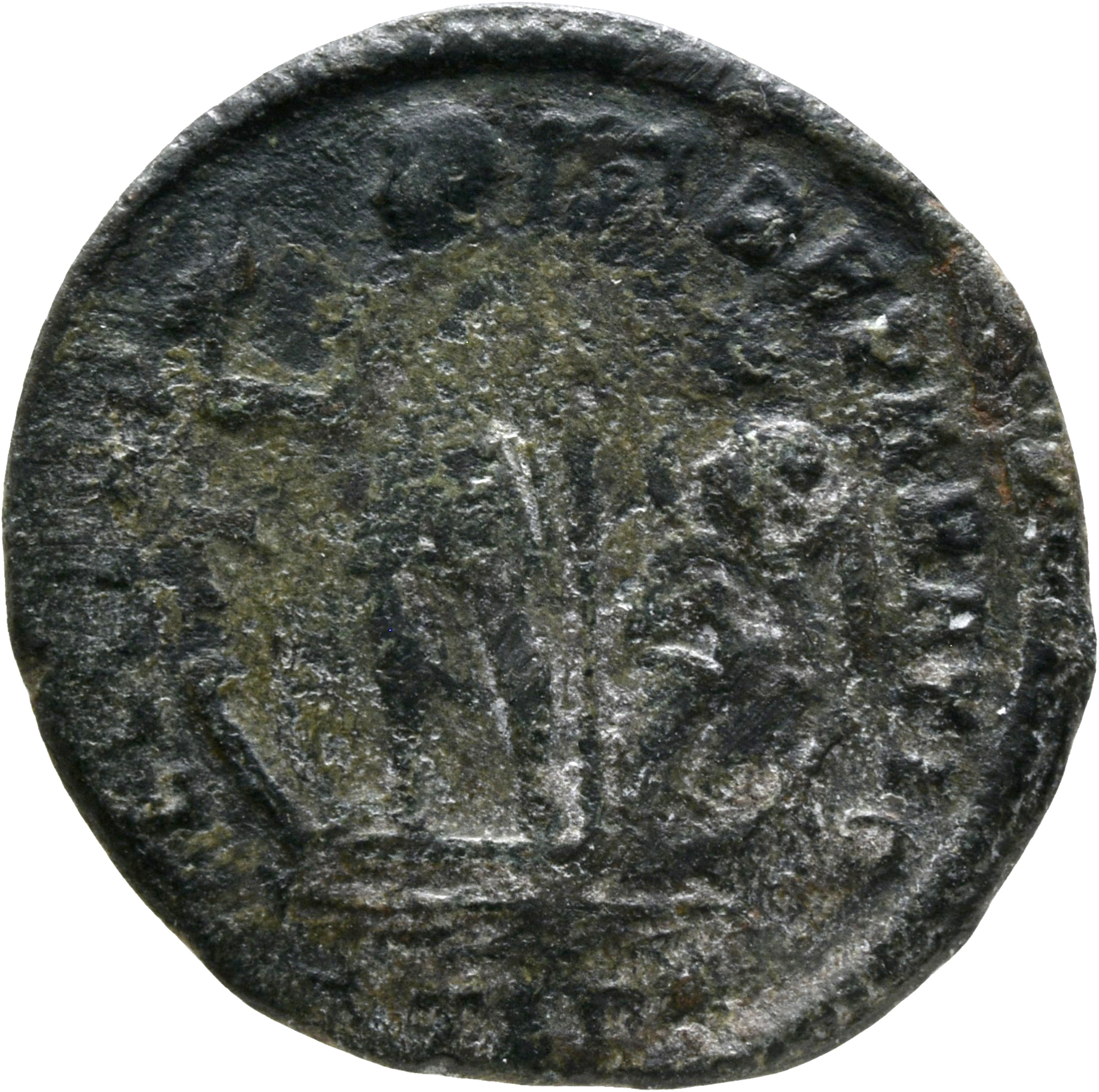 RIC VIII Thessalonica 168 Constantius II reverse, Constantius II, draped, cuirassed, standing left on galley, holding phoe...