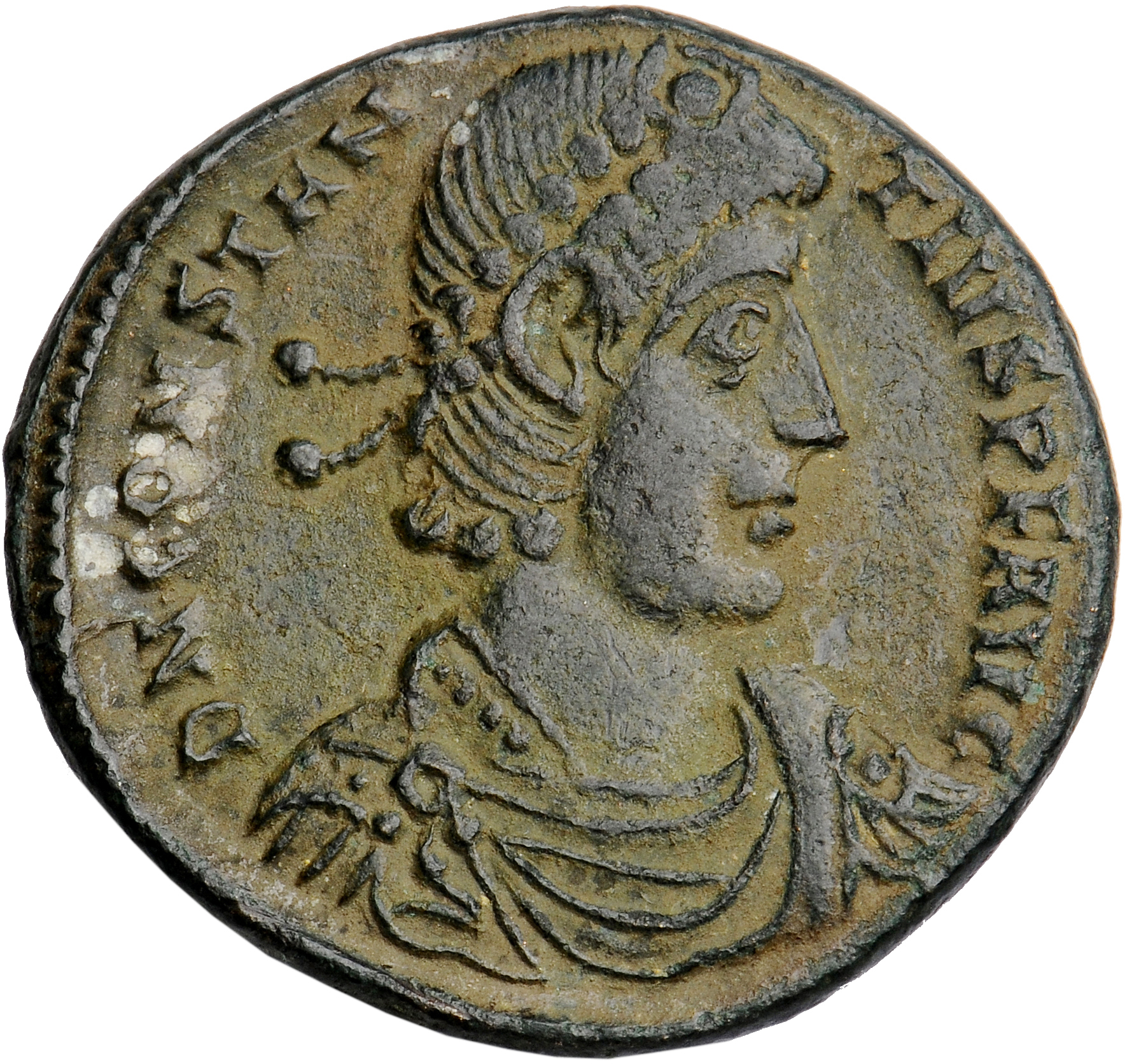 RIC VIII Thessalonica 171 Constantius II obverse, Bust of Constantius II, pearl-diademed, draped, cuirassed, right