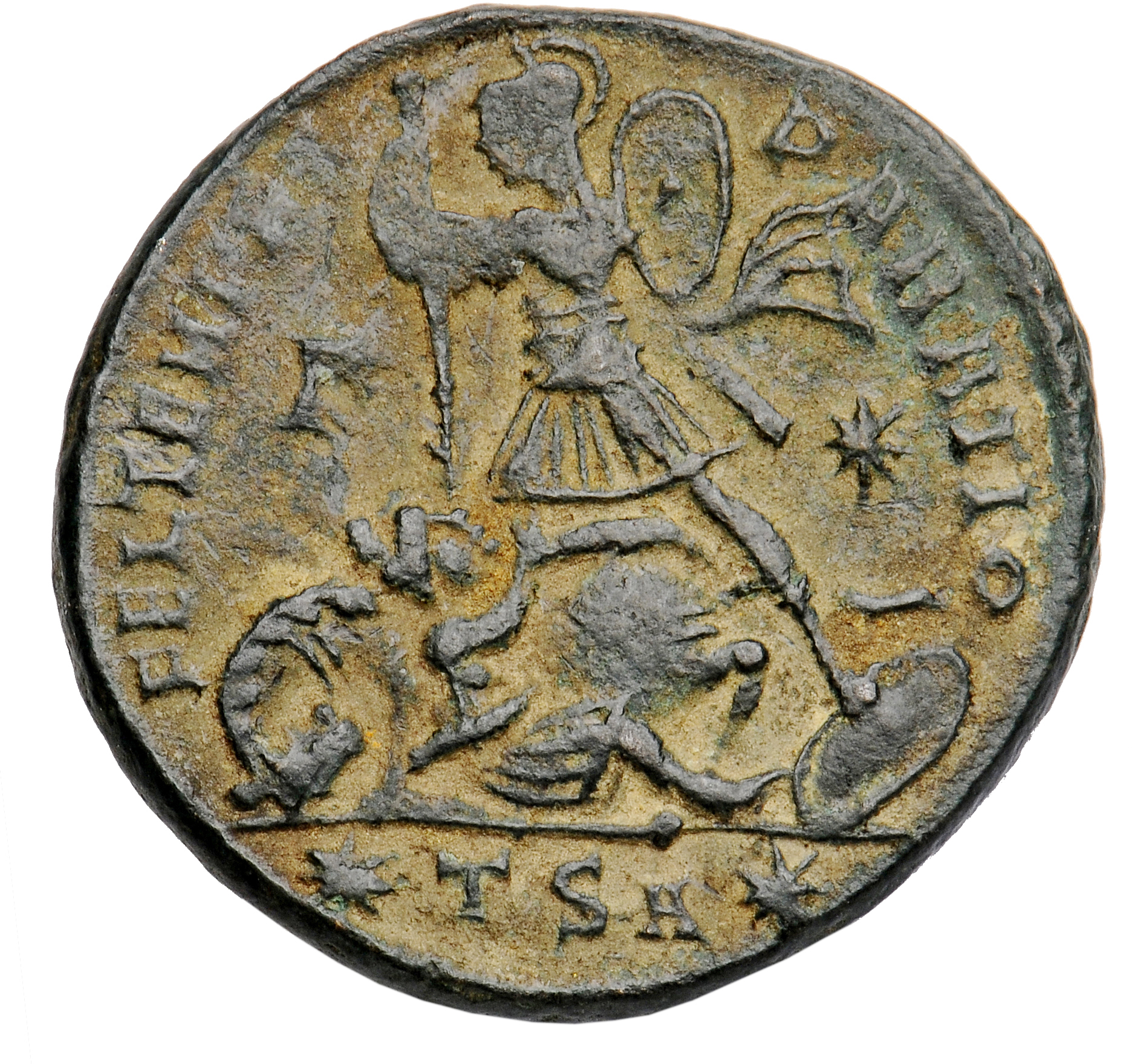 RIC VIII Thessalonica 171 Constantius II reverse, Soldier, helmeted, draped, cuirassed, advancing left, spearing fallen ho...
