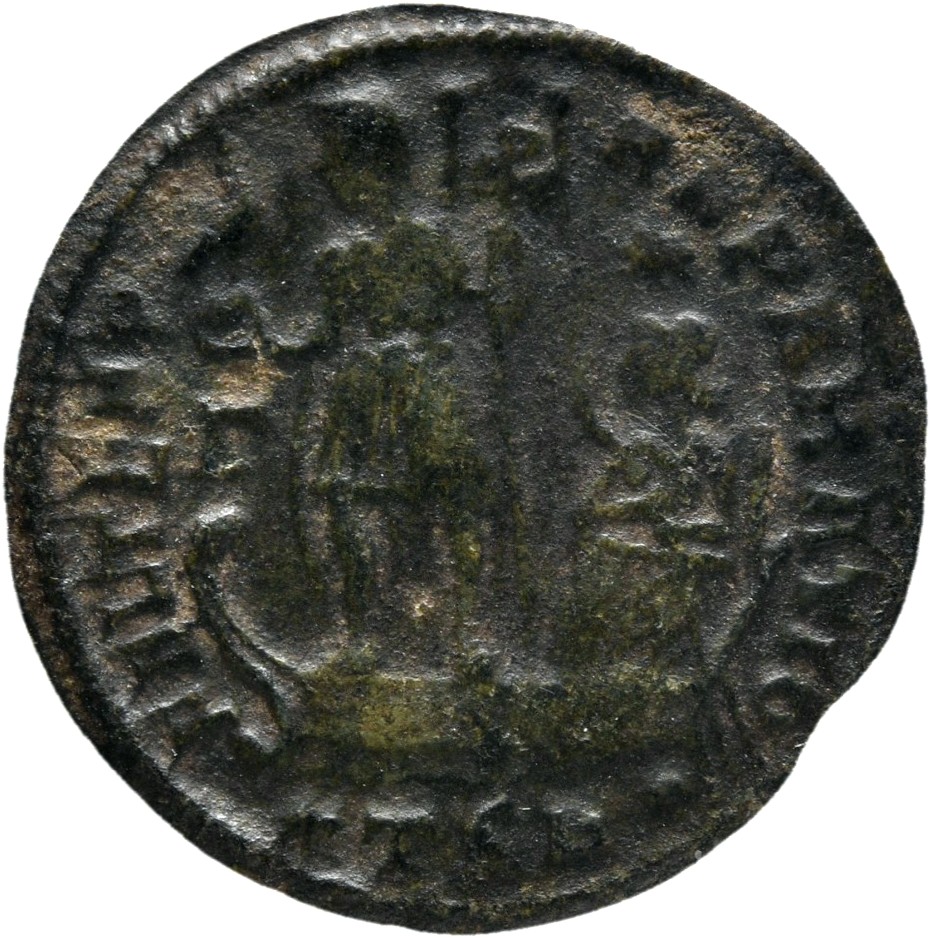 RIC VIII Thessalonica 174 Constantius II reverse, Constantius II, draped, cuirassed, standing left on galley, holding phoe...