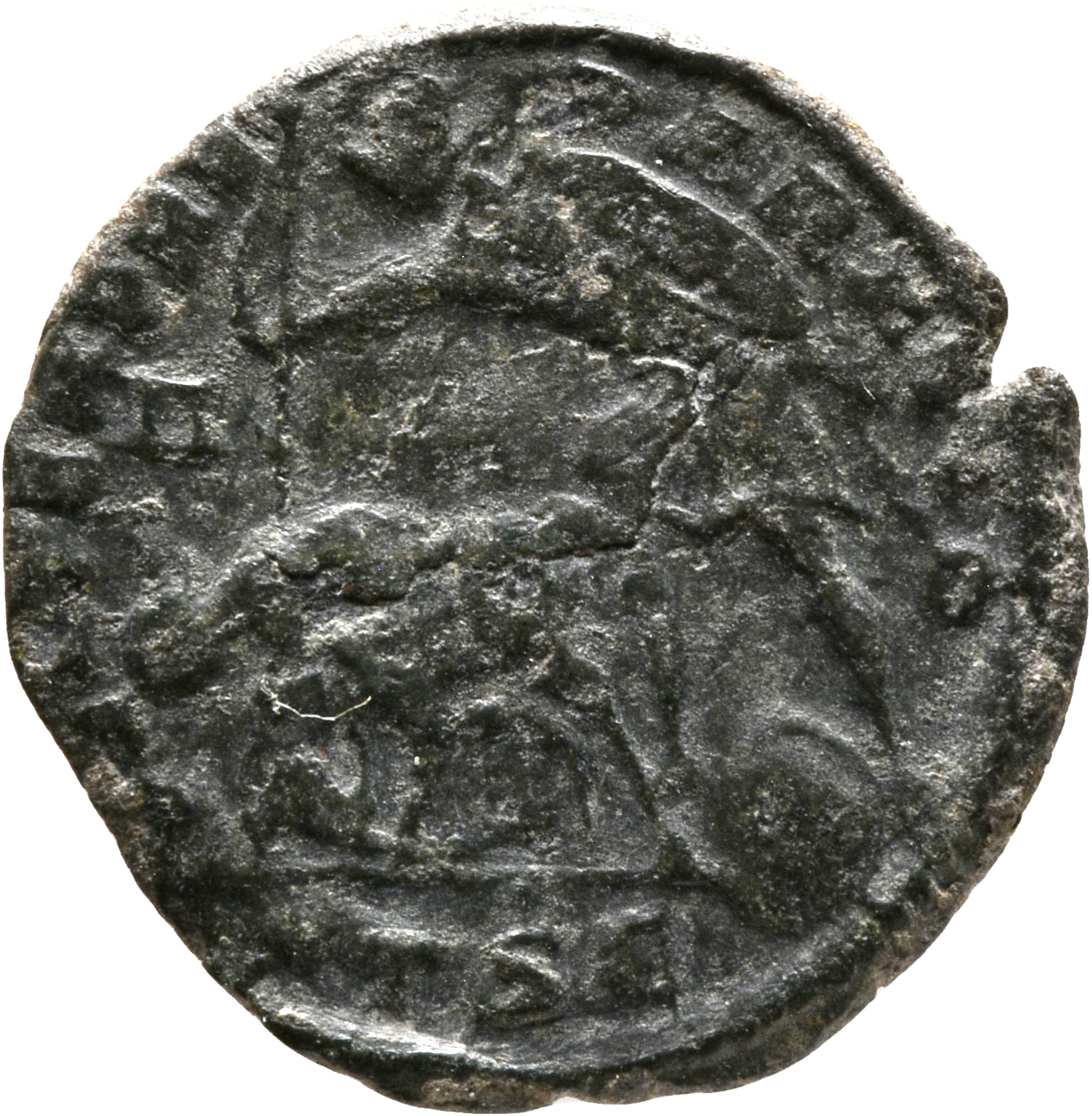 RIC VIII Thessalonica 184a Constantius II reverse, Soldier, helmeted, draped, cuirassed, advancing left, spearing fallen h...