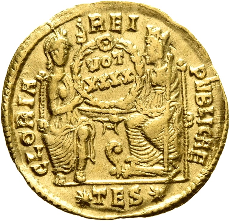 RIC VIII Thessalonica 198 Constantius II reverse, Roma, helmeted, draped, enthroned front, and Constantinopolis, draped, e...