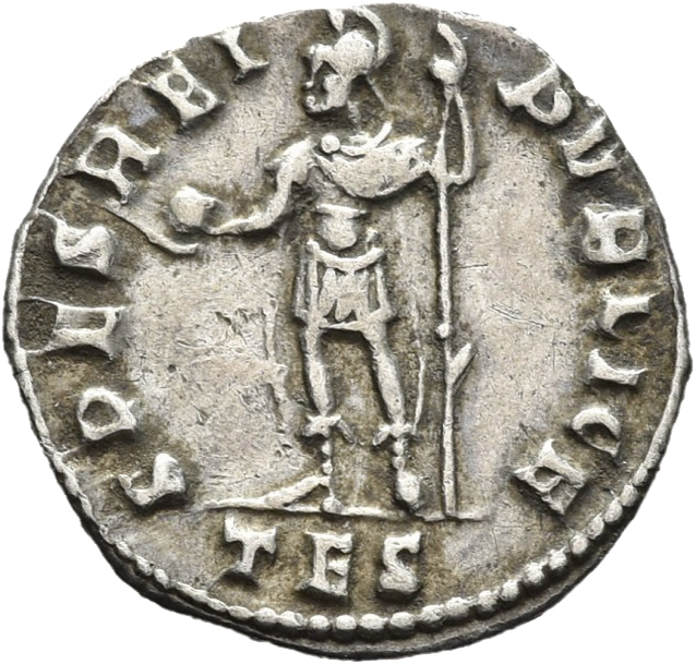 RIC VIII Thessalonica 207 Constantius II reverse, Constantius II, helmeted, draped, cuirassed, standing left, holding glob...