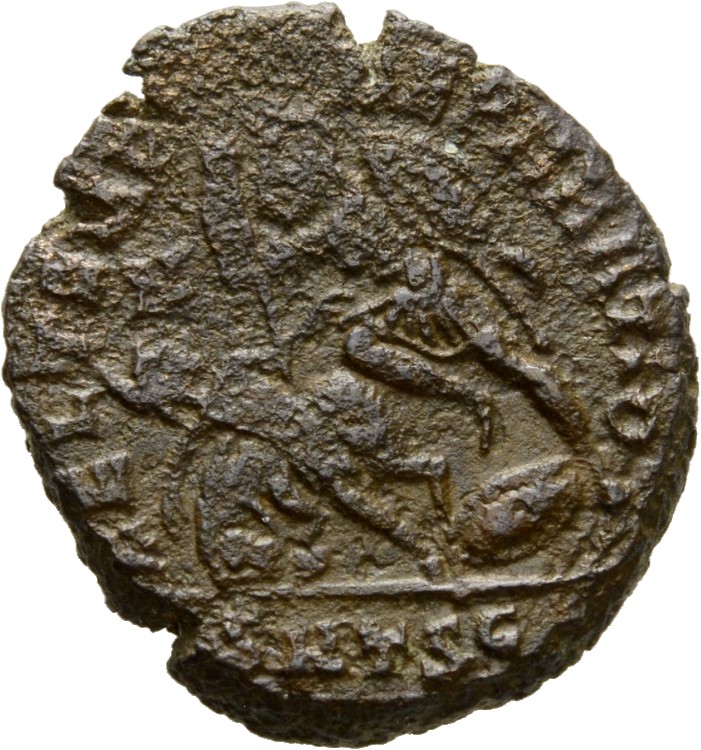 RIC VIII Thessalonica 209 Constantius II reverse, Soldier, helmeted, draped, cuirassed, advancing left, spearing fallen ho...