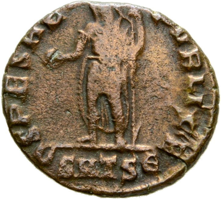 RIC VIII Thessalonica 214 Constantius II reverse, Julian, helmeted, draped, cuirassed, standing left, holding globe in rig...