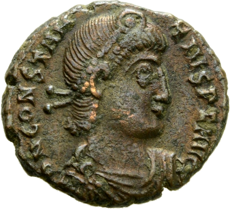 RIC VIII Thessalonica 215 Constantius II obverse, Bust of Constantius II, pearl-diademed, draped, cuirassed, right