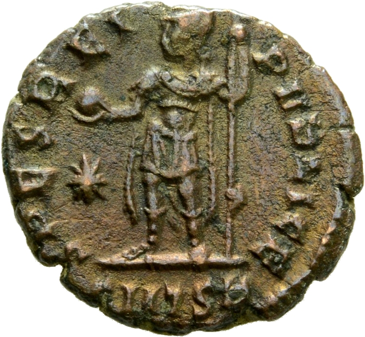 RIC VIII Thessalonica 215 Constantius II reverse, Constantius II, helmeted, draped, cuirassed, standing left, holding glob...