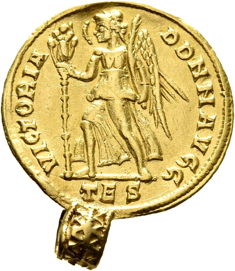 RIC VIII Thessalonica 26 Constantius II reverse, Victory, winged, draped, walking left, holding trophy on spear in right h...