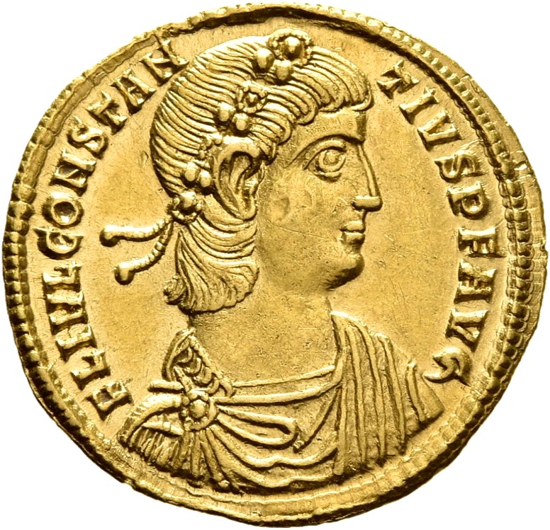 RIC VIII Thessalonica 26 Constantius II obverse, Bust of Constantine II, laureate, rosette-diademed, draped, cuirassed, right