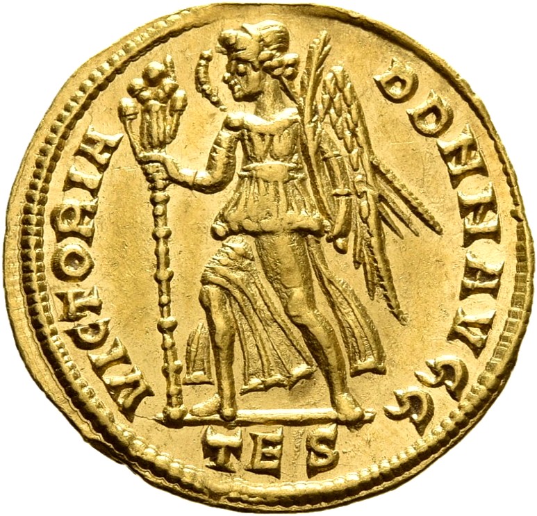 RIC VIII Thessalonica 26 Constantius II reverse, Victory, winged, draped, walking left, holding trophy on spear in right h...
