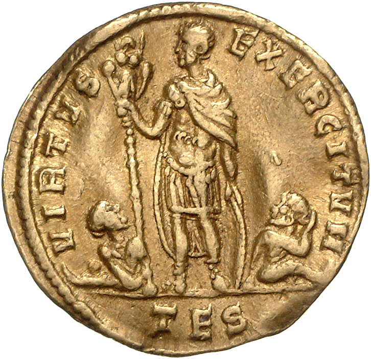 RIC VIII Thessalonica 35 Constantius II reverse, Constantius II, draped, cuirassed, standing left, holding trophy on spear...