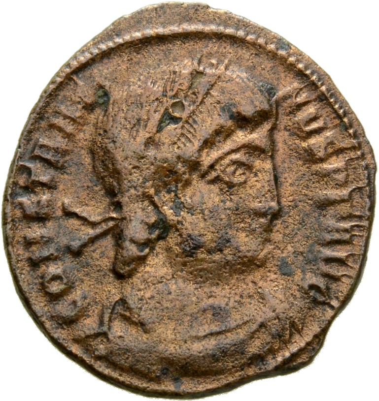 RIC VIII Thessalonica 55 Constantius II obverse, Bust of Constantine II, laureate, rosette-diademed, draped, cuirassed, right