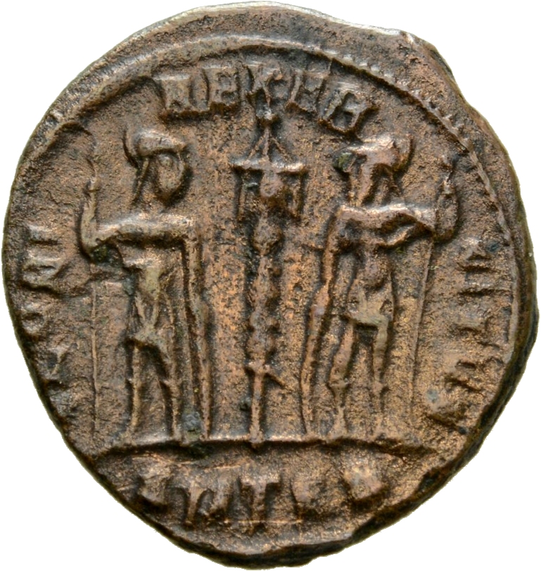 RIC VIII Thessalonica 55 Constantius II reverse, Two soldiers, helmeted, draped, cuirassed, facing front, heads toward eac...