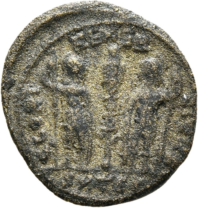RIC VIII Thessalonica 56 Constantius II reverse, Two soldiers, helmeted, draped, cuirassed, facing front, heads toward eac...