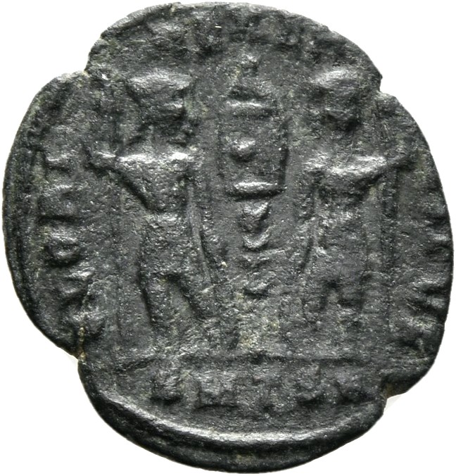 RIC VIII Thessalonica 56 Constantius II reverse, Two soldiers, helmeted, draped, cuirassed, facing front, heads toward eac...