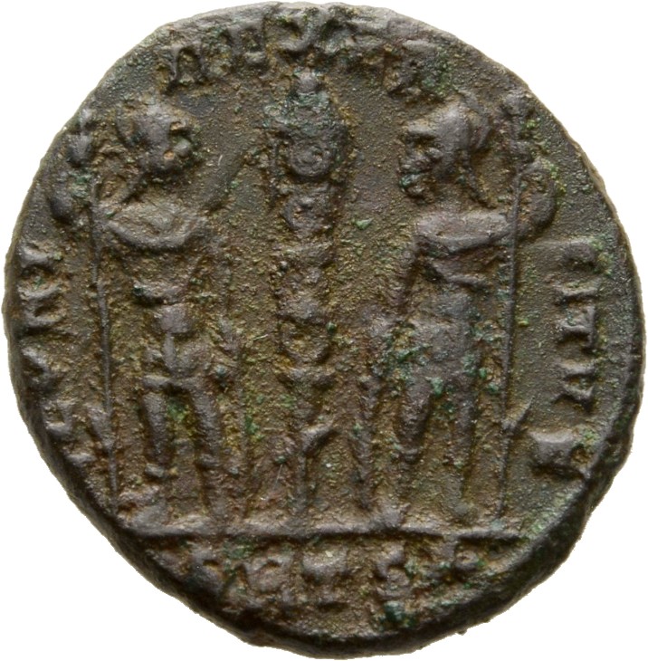 RIC VIII Thessalonica 57 Constantius II reverse, Two soldiers, helmeted, draped, cuirassed, facing front, heads toward eac...