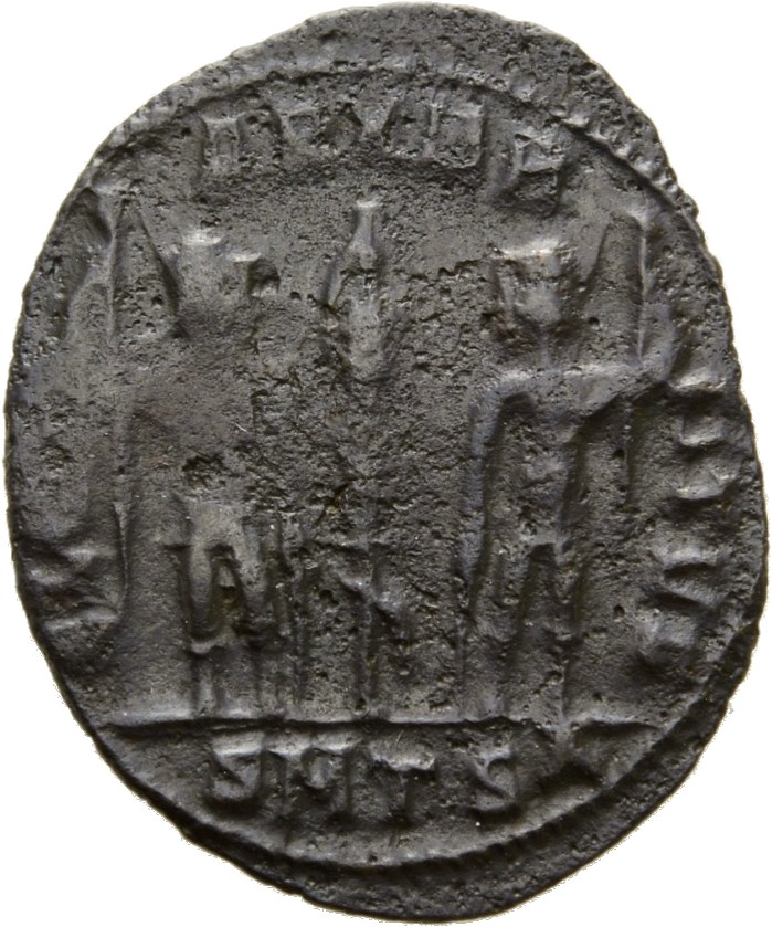 RIC VIII Thessalonica 57 Constantius II reverse, Two soldiers, helmeted, draped, cuirassed, facing front, heads toward eac...