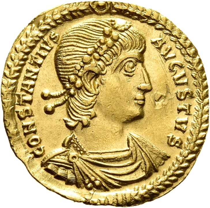 RIC VIII Thessalonica 63 Constantius II obverse, Bust of Constantius II, pearl-diademed, draped, cuirassed, right