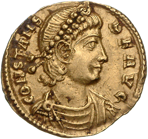 RIC VIII Thessalonica 65 Constantius II obverse, Bust of Constans, pearl-diademed, draped, cuirassed, right