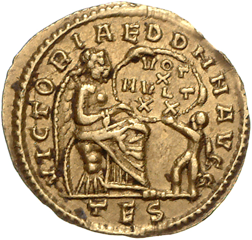 RIC VIII Thessalonica 65 Constantius II reverse, Victory, winged, draped, seated right on cuirass, supporting a shield ins...
