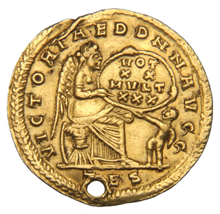 RIC VIII Thessalonica 67 Constantius II reverse, Victory, winged, draped, seated right on cuirass, supporting a shield ins...