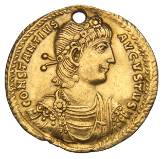 RIC VIII Thessalonica 67 Constantius II obverse, Bust of Constantius II, laureate, rosette-diademed, draped, cuirassed, right