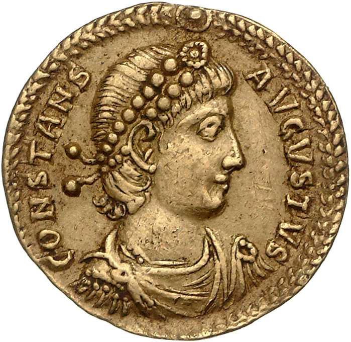 RIC VIII Thessalonica 74 Constantius II obverse, Bust of Constans, pearl-diademed, draped, cuirassed, right