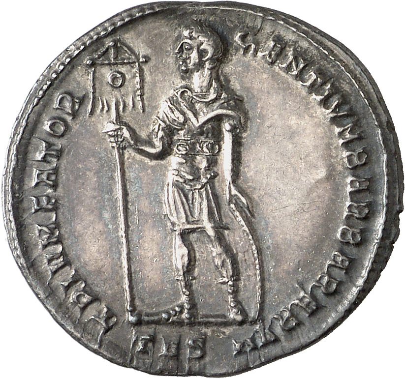 RIC VIII Thessalonica 90 Constantius II reverse, Constans, draped, cuirassed, standing left, holding standard in right han...