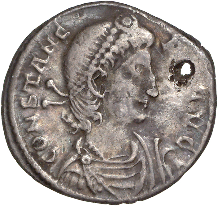 RIC VIII Thessalonica 98 Constantius II obverse, Bust of Constans, pearl-diademed, draped, cuirassed, right