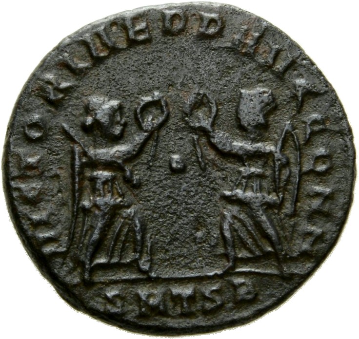 RIC VIII Thessalonica 99 Constantius II reverse, Two Victories, winged, draped, facing each other, each holding wreath in ...