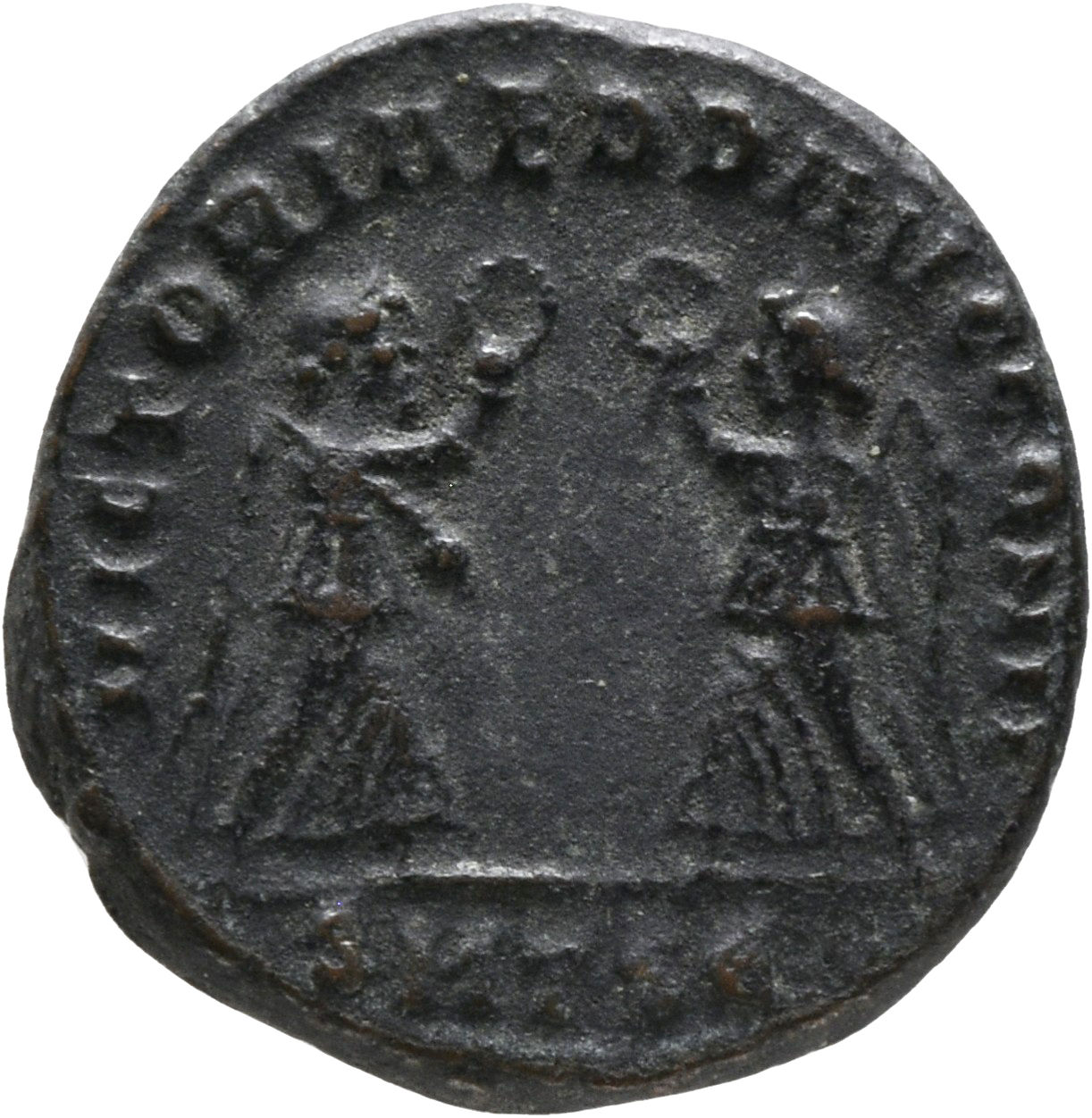 RIC VIII Thessalonica 99 Constantius II reverse, Two Victories, winged, draped, facing each other, each holding wreath in ...