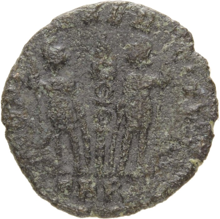 RIC VIII Treveri 102 Constantine II reverse, Two soldiers, helmeted, draped, cuirassed, facing front, heads toward each ot...