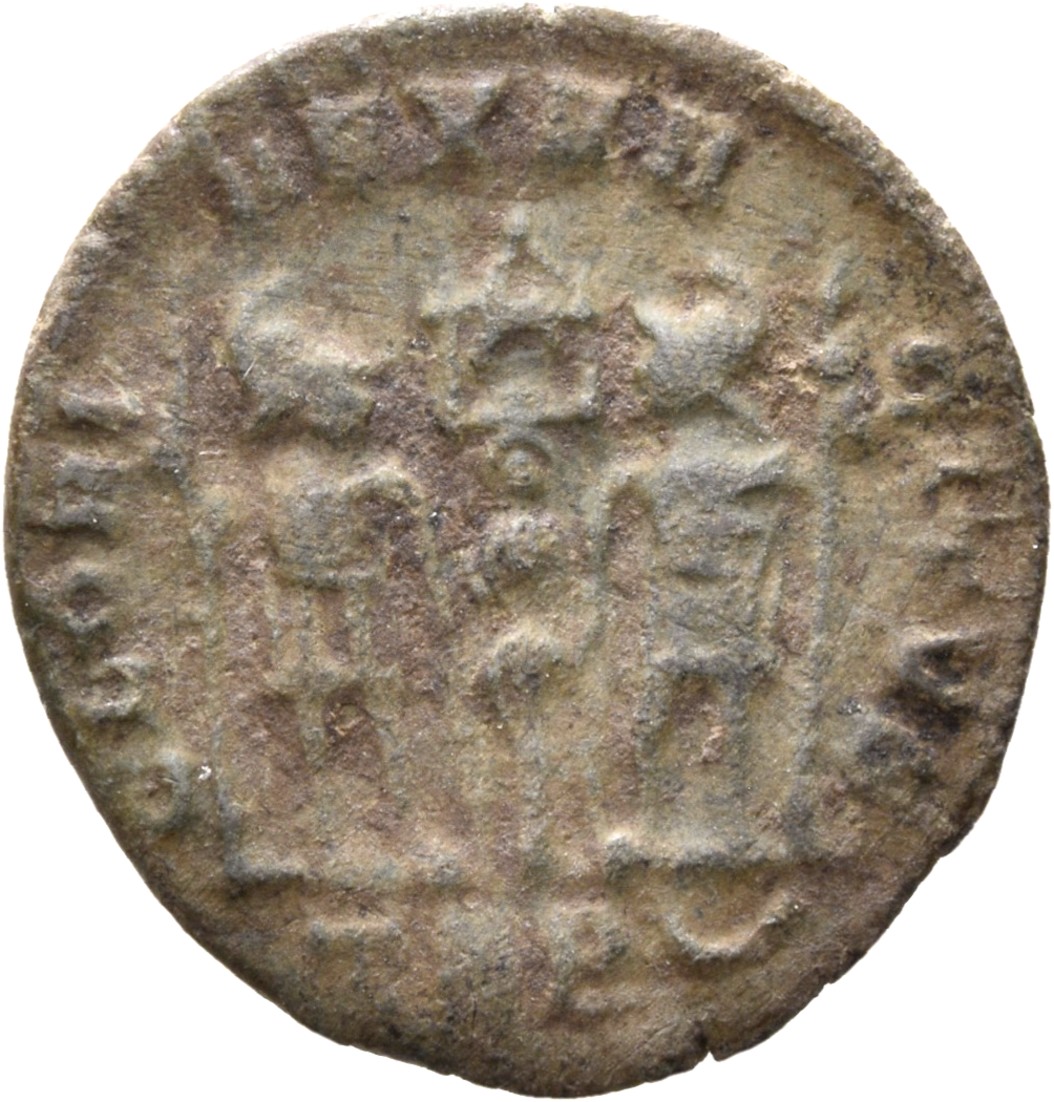 RIC VIII Treveri 103 Constantine II reverse, Two soldiers, helmeted, draped, cuirassed, facing front, heads toward each ot...
