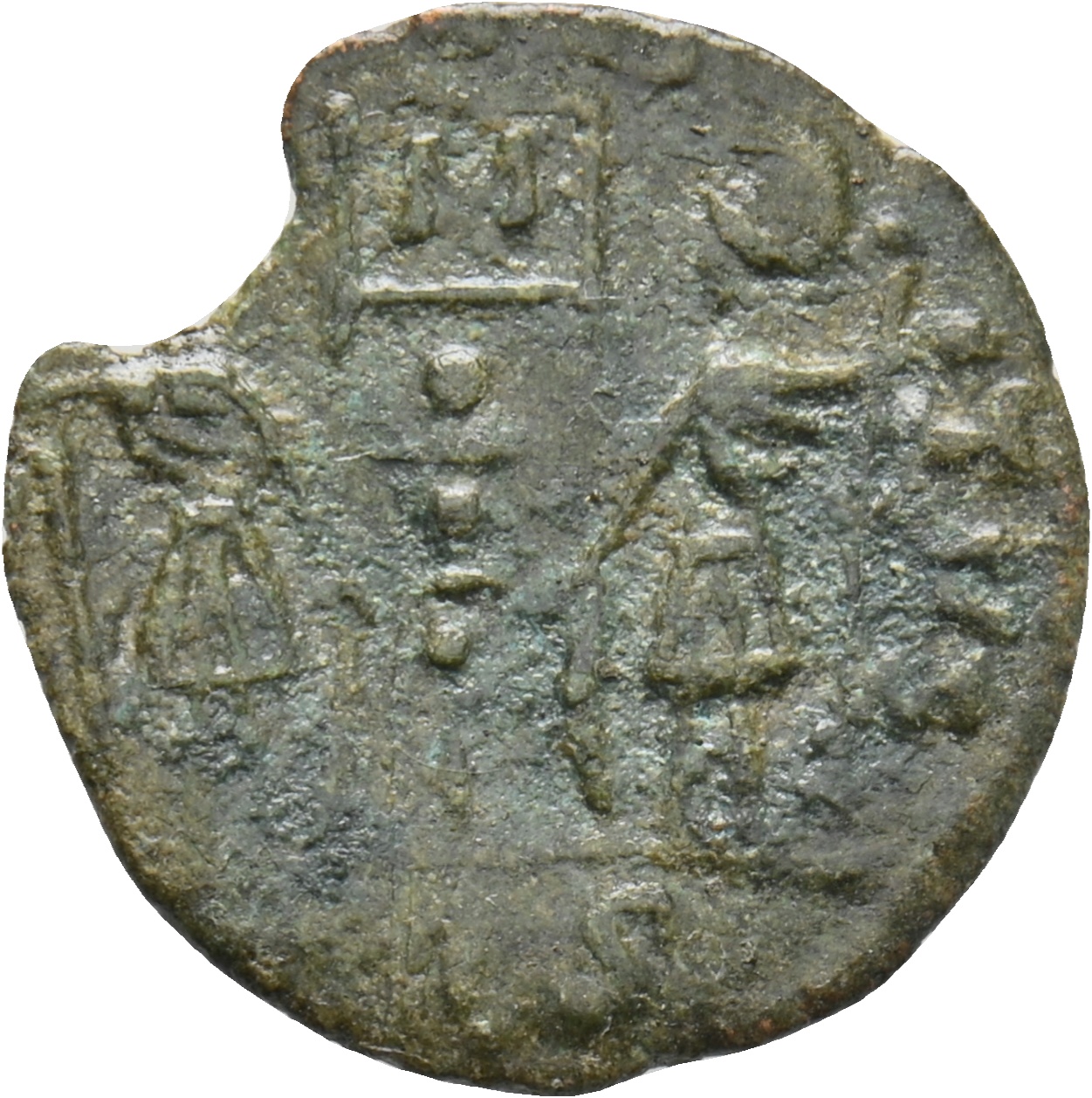 RIC VIII Treveri 106 Constantine II reverse, Two soldiers, helmeted, draped, cuirassed, facing front, heads toward each ot...
