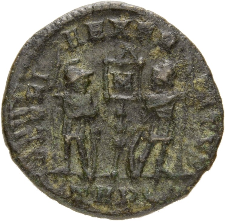 RIC VIII Treveri 108 Constantine II reverse, Two soldiers, helmeted, draped, cuirassed, facing front, heads toward each ot...