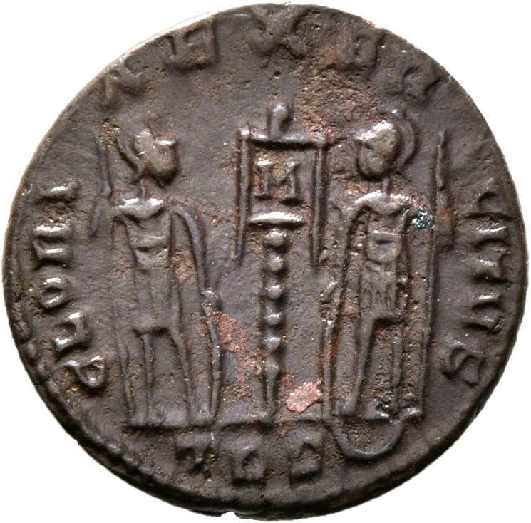 RIC VIII Treveri 108 Constantine II reverse, Two soldiers, helmeted, draped, cuirassed, facing front, heads toward each ot...