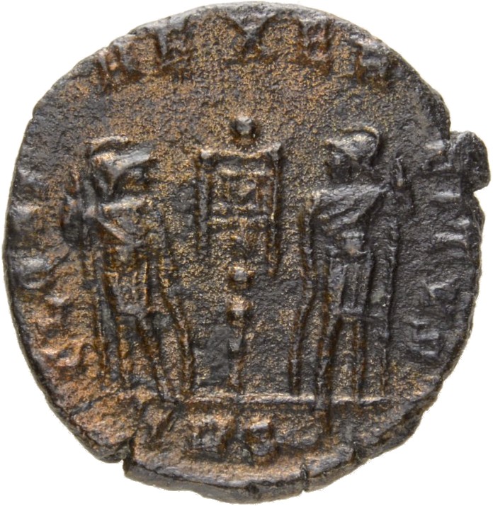 RIC VIII Treveri 111 Constantine II reverse, Two soldiers, helmeted, draped, cuirassed, facing front, heads toward each ot...