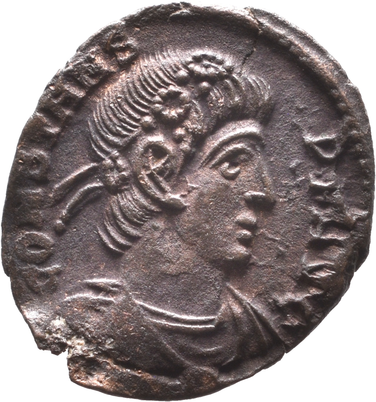 RIC VIII Treveri 111 Constantine II obverse, Bust of Constans, rosette-diademed, draped, cuirassed, right