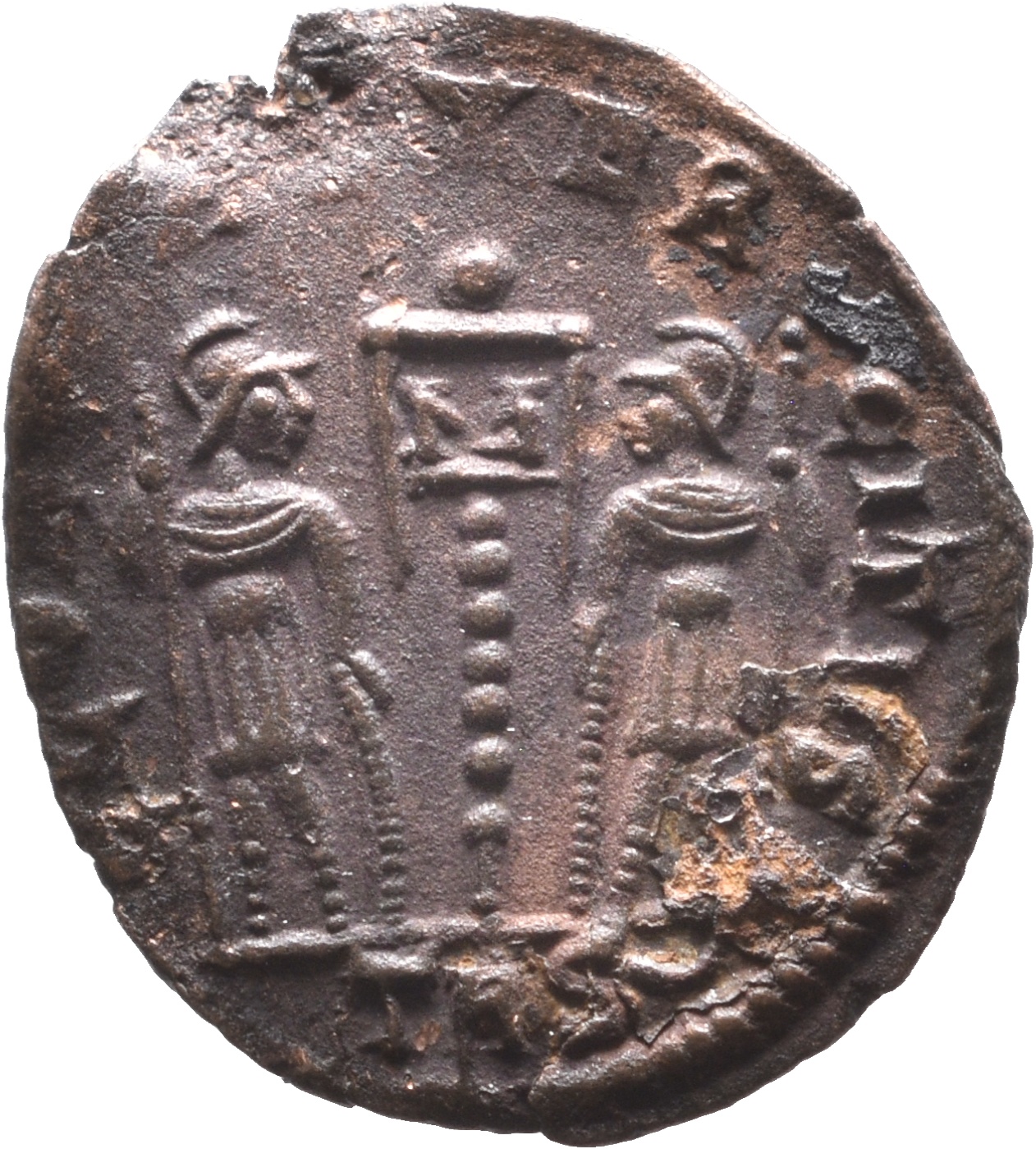 RIC VIII Treveri 111 Constantine II reverse, Two soldiers, helmeted, draped, cuirassed, facing front, heads toward each ot...