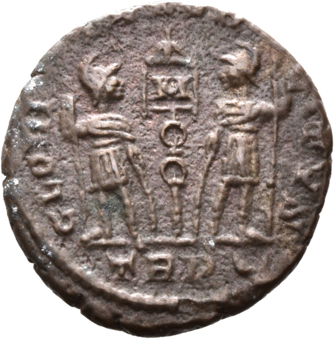 RIC VIII Treveri 112 Constantine II reverse, Two soldiers, helmeted, draped, cuirassed, facing front, heads toward each ot...