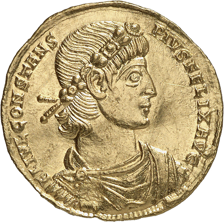 RIC VIII Treveri 120 Constans obverse, Bust of Constans, laureate, rosette-diademed, draped, cuirassed, right