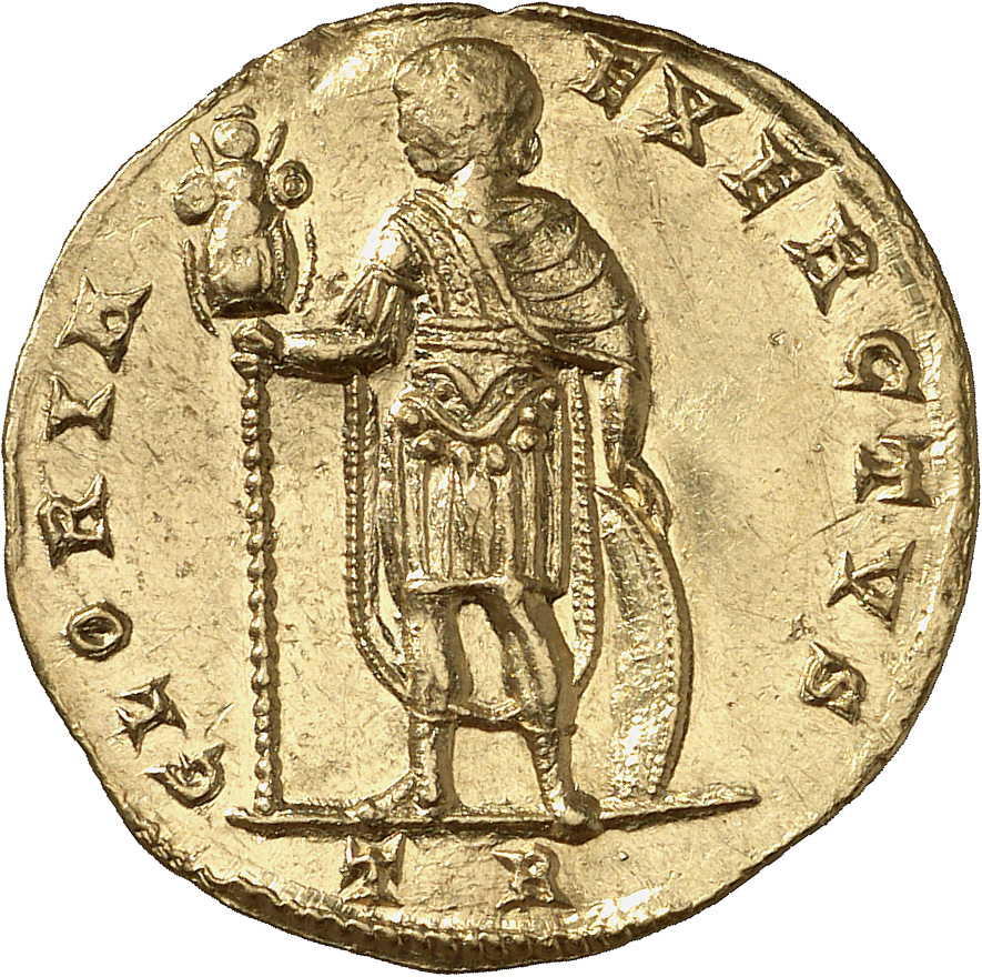 RIC VIII Treveri 120 Constans reverse, Constans, draped, cuirassed, standing left, holding trophy in right hand and restin...
